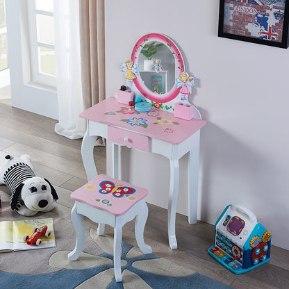 Pink Wooden Kids Vanity Table with Mirror and Stool