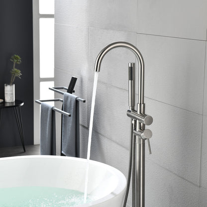 Brushed Nickel Freestanding Tub Filler with Handheld Shower