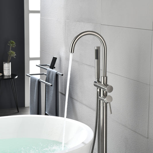 Brushed Nickel Freestanding Tub Filler with Handheld Shower