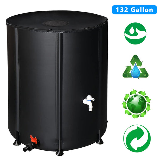 132 Gallon Foldable Black PVC Rain Barrel with Spigot and Mesh Cover