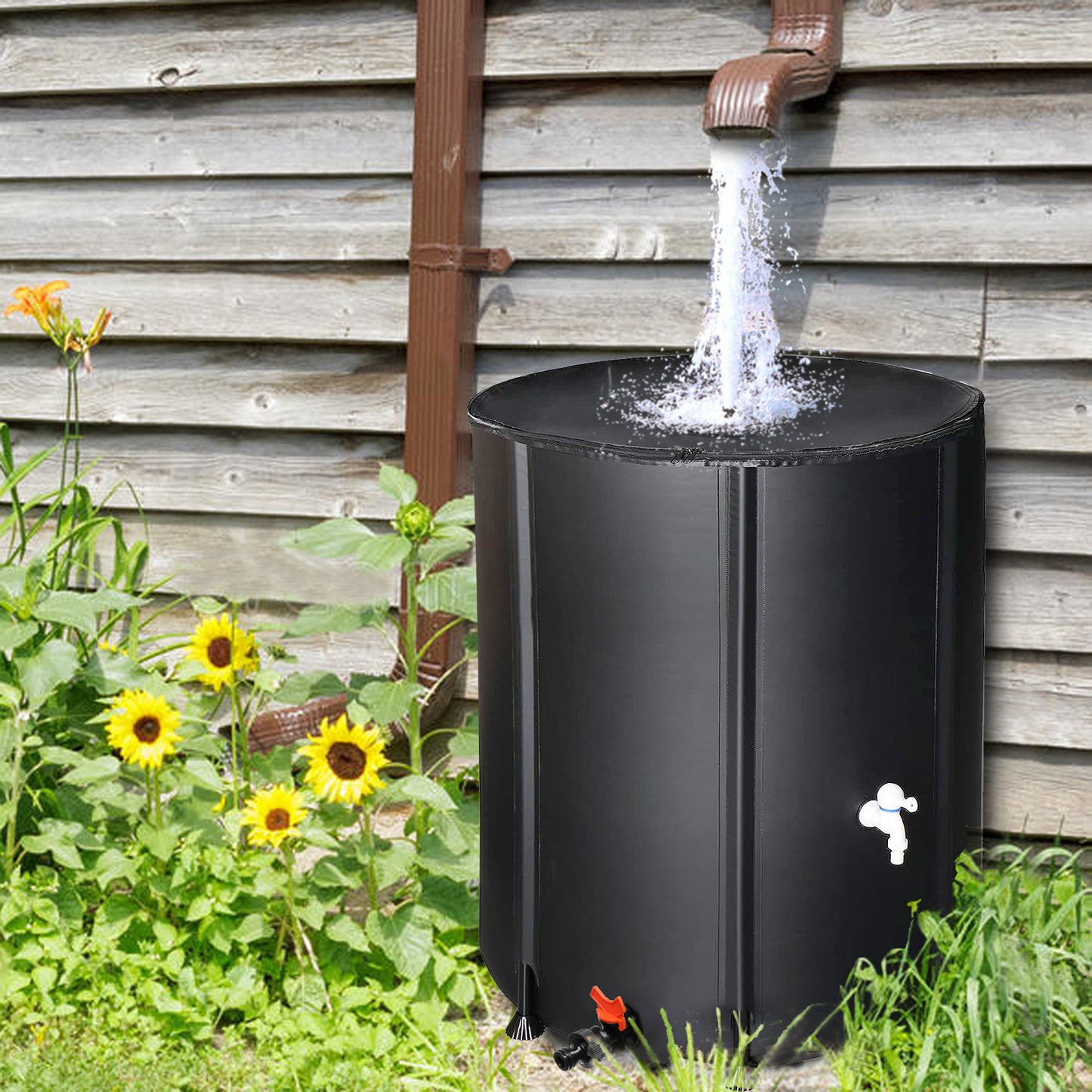 132 Gallon Foldable Black PVC Rain Barrel with Spigot and Mesh Cover