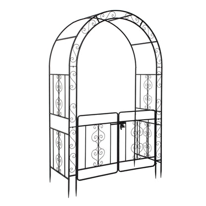 Black Wrought Iron Garden Arch with Double Deck and Door - 7ft Rounded Arbor Trellis