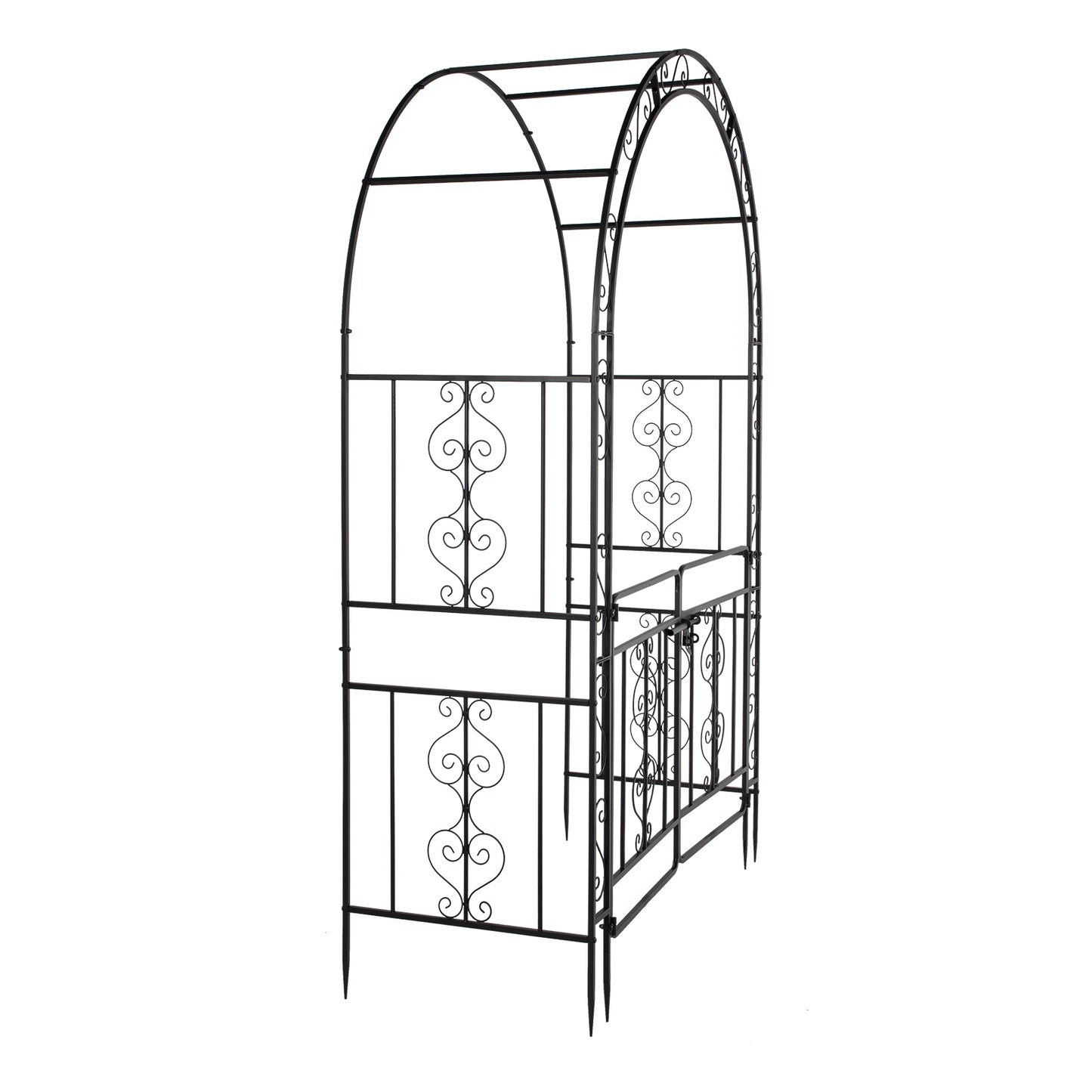 Black Wrought Iron Garden Arch with Double Deck and Door - 7ft Rounded Arbor Trellis