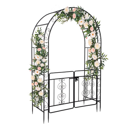 Black Wrought Iron Garden Arch with Double Deck and Door - 7ft Rounded Arbor Trellis