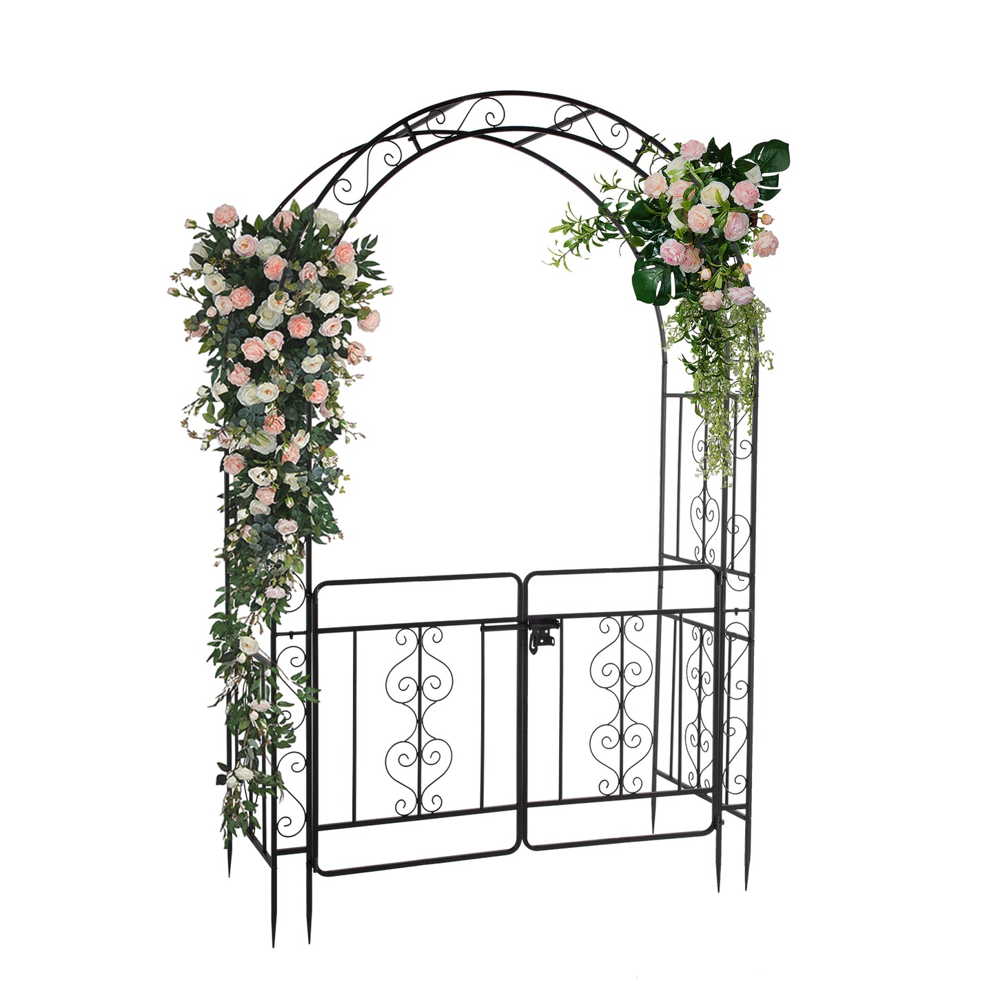 Black Wrought Iron Garden Arch with Double Deck and Door - 7ft Rounded Arbor Trellis