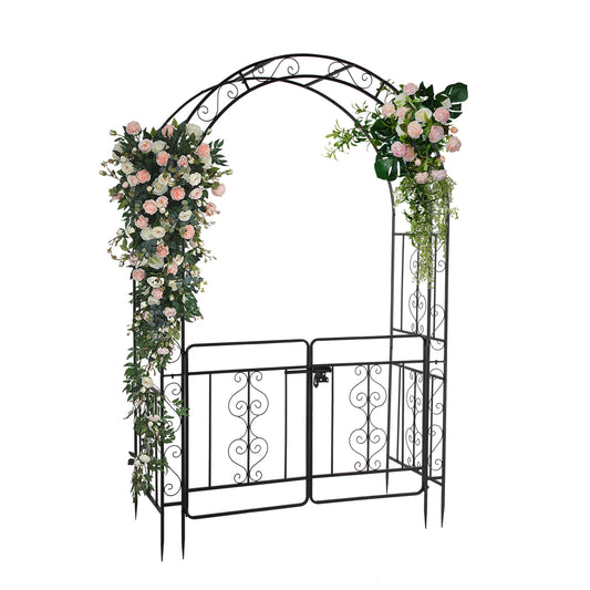 Black Wrought Iron Garden Arch with Double Deck and Door - 7ft Rounded Arbor Trellis