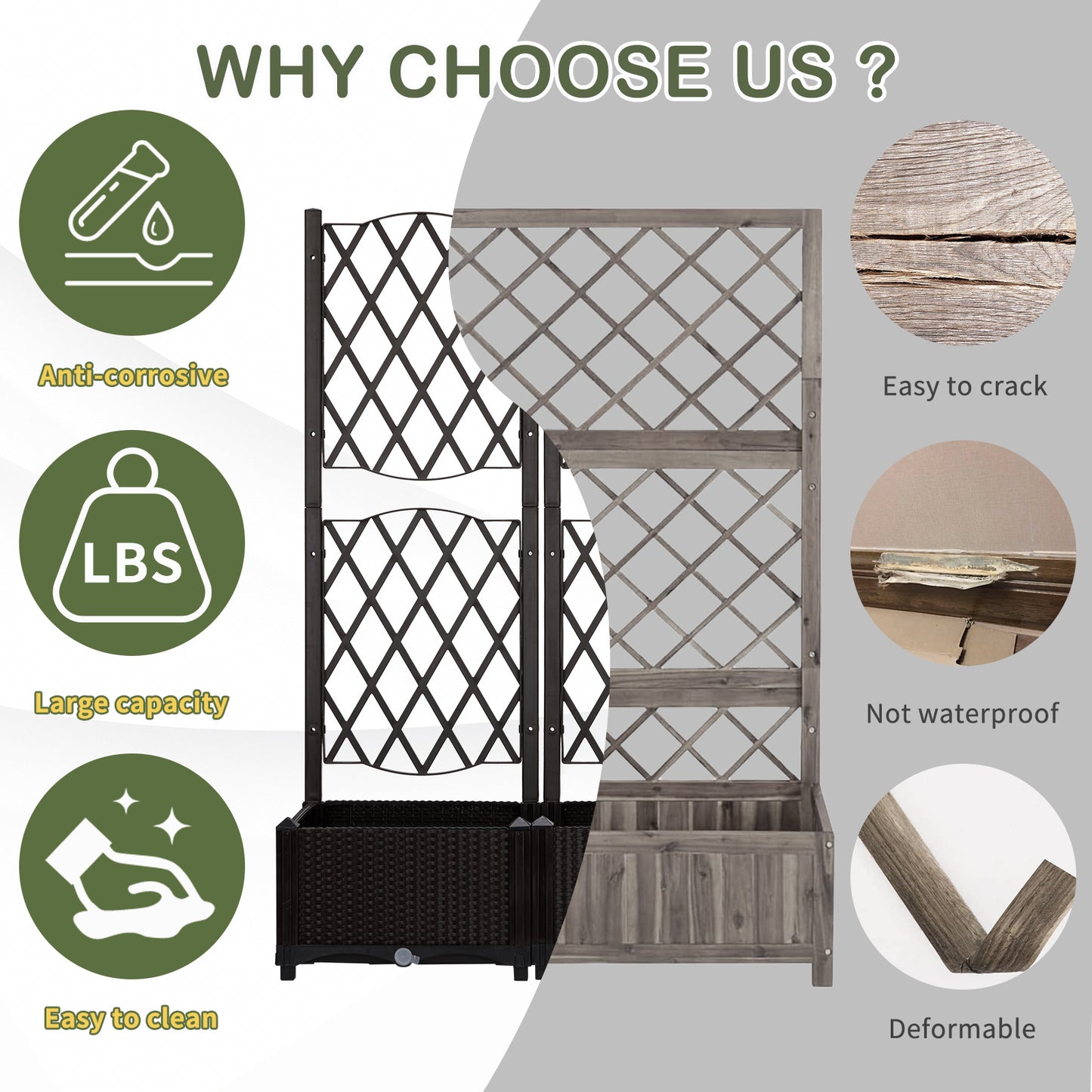 Carbon Wicker Tall Trellis Planter Box with Drainage - 48" High