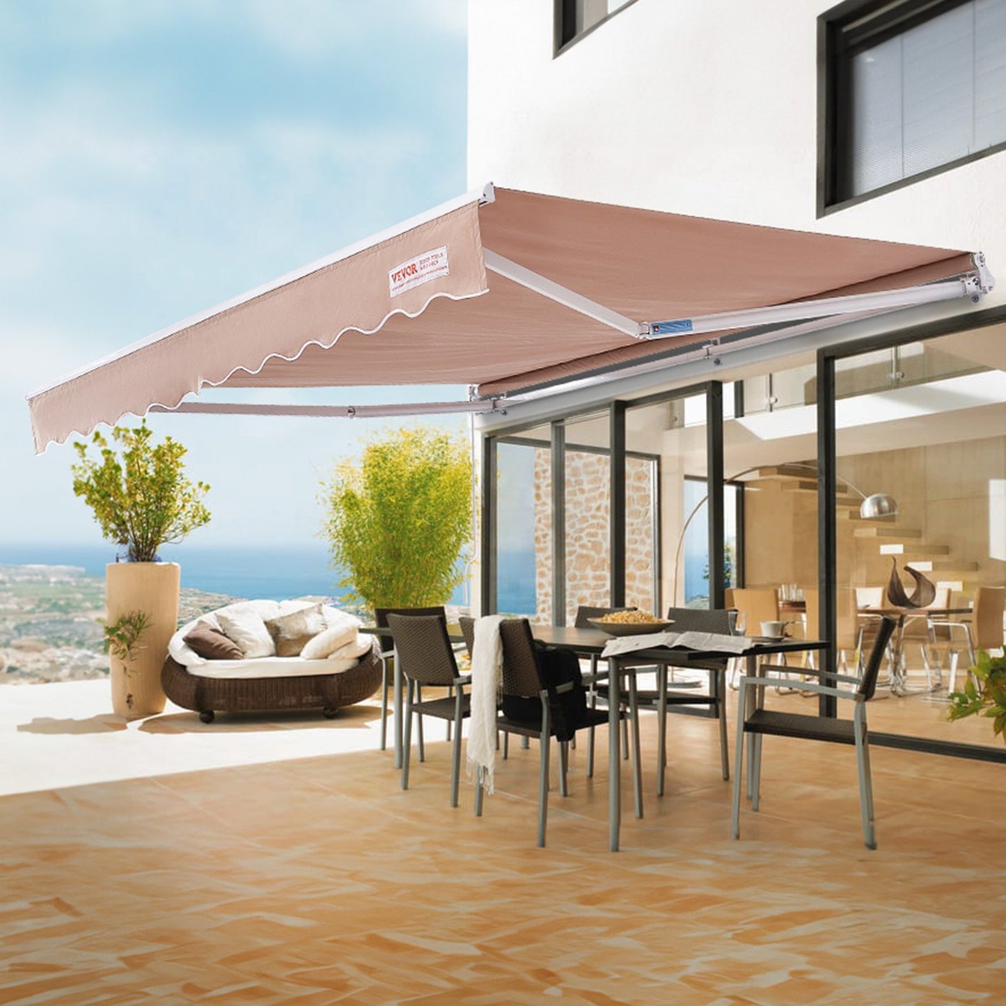 Manual Retractable Patio Awning with Crank Handle – 12x10 ft Water-Resistant Sunshade for Outdoor Spaces