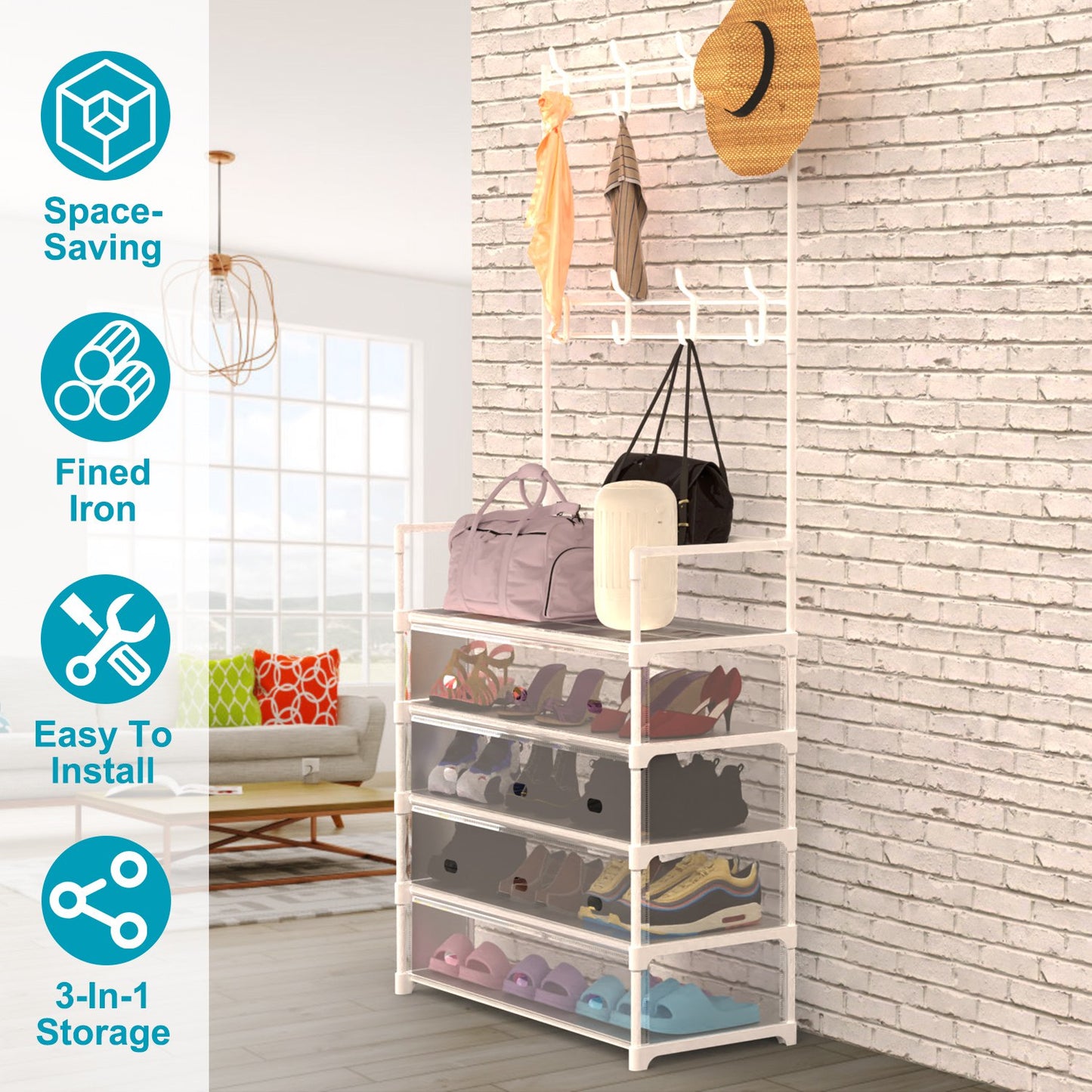 White 5-Tier Entryway Coat and Shoe Rack with Hooks