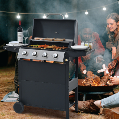 Stainless Steel 4-Burner Propane Gas Grill with Wheels and Shelves