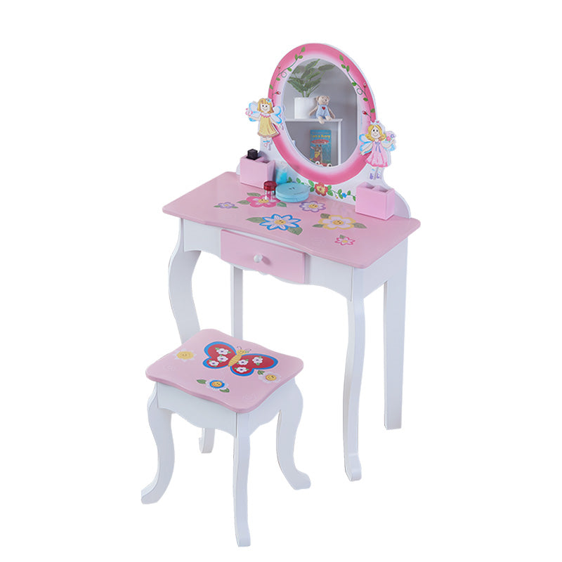 Pink Wooden Kids Vanity Table with Mirror and Stool