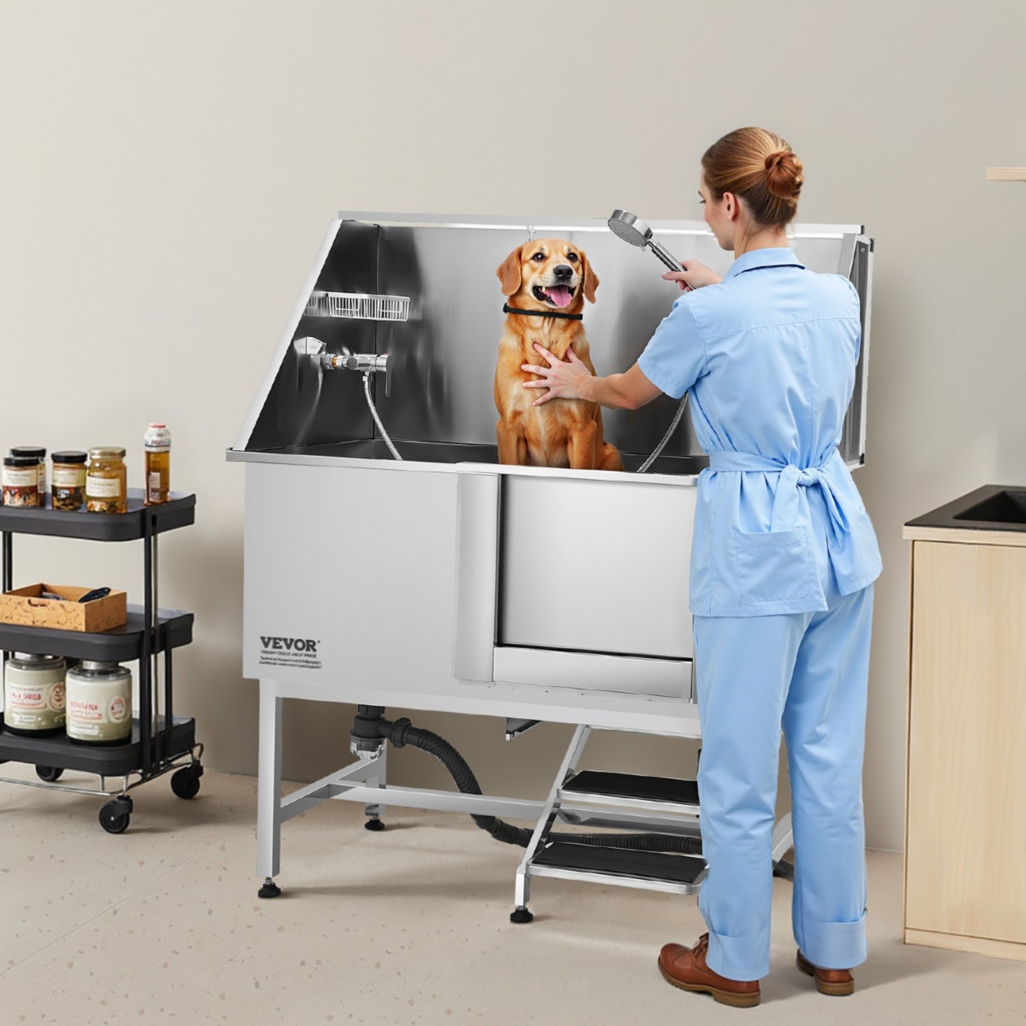 Stainless Steel Dog Grooming Tub with Steps and Water Filter - 50 Inch