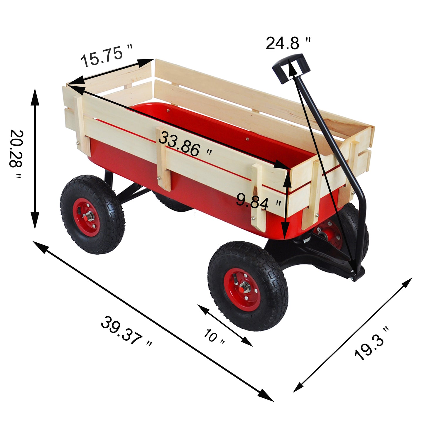 Red Steel Garden Utility Wagon with Wooden Side Panels and Pneumatic Tires