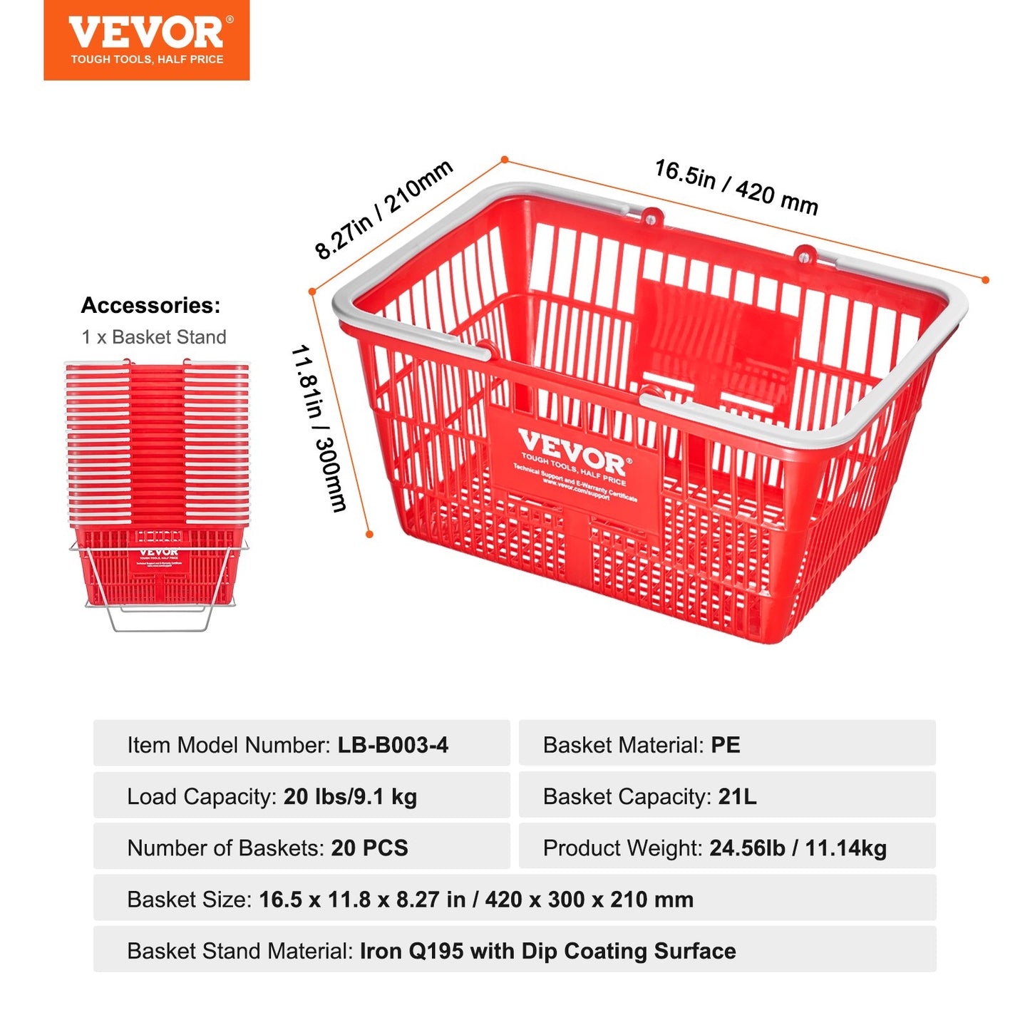 Red Portable Grocery Shopping Basket with Handle and Stand – 21L (20 Pack)