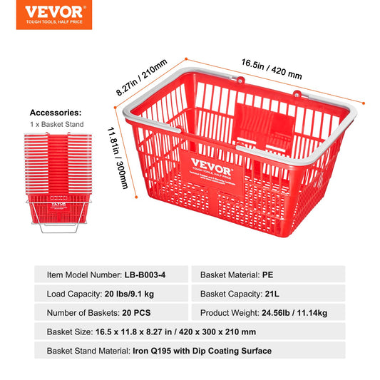 Red Portable Grocery Shopping Basket with Handle and Stand – 21L (20 Pack)