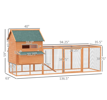 Wooden Chicken Coop with Nesting Box and Run for 8-10 Chickens – Lockable Backyard Hen House, Orange