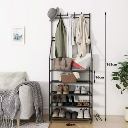 5-Tier Freestanding Entryway Shoe and Coat Rack with Hooks