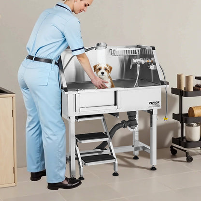 Stainless Steel Dog Grooming Tub with Stairs and Left Door