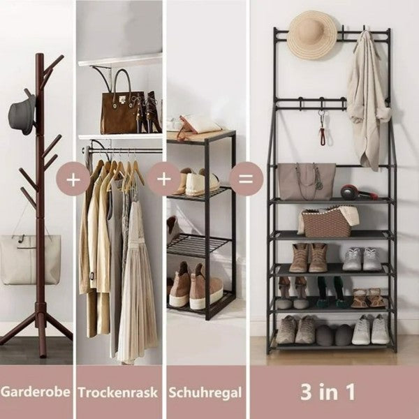 5-Tier Freestanding Entryway Shoe and Coat Rack with Hooks