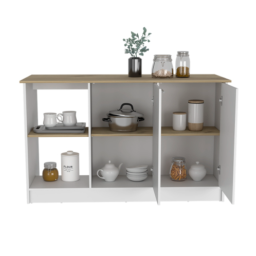 Juniper Light Oak Kitchen Island with Shelves and Cabinets
