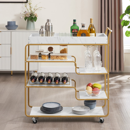 Gold Rolling Bar Cart with Wine Rack and Glass Holder
