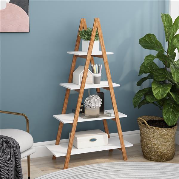 Bamboo Wood Ladder Bookshelf with 4 Tiers – A-Frame Display Shelf
