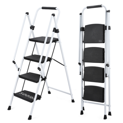 White Folding 4-Step Steel Ladder with Anti-Slip Pedals and Safety Handle