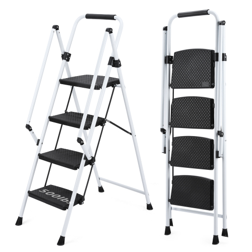 White Folding 4-Step Steel Ladder with Anti-Slip Pedals and Safety Handle