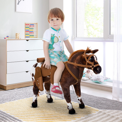Brown Sound-Making Plush Ride-On Horse for Toddlers