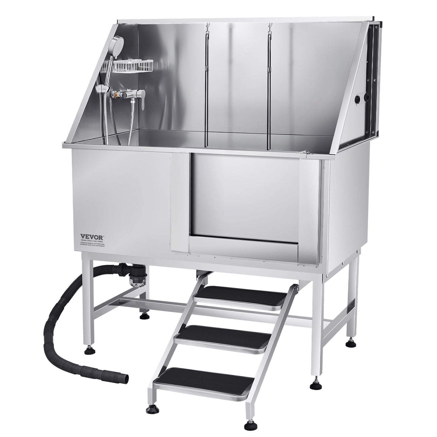 Stainless Steel Dog Grooming Tub with Steps and Water Filter - 50 Inch