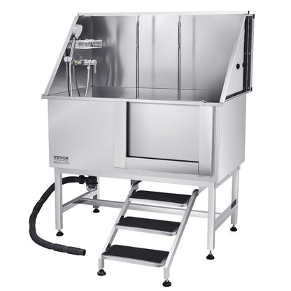 Stainless Steel Dog Grooming Tub with Steps and Water Filter - 50 Inch