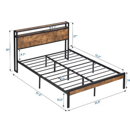 Full-Size Metal Platform Bed with Wood Headboard, USB Ports & LED Lighting