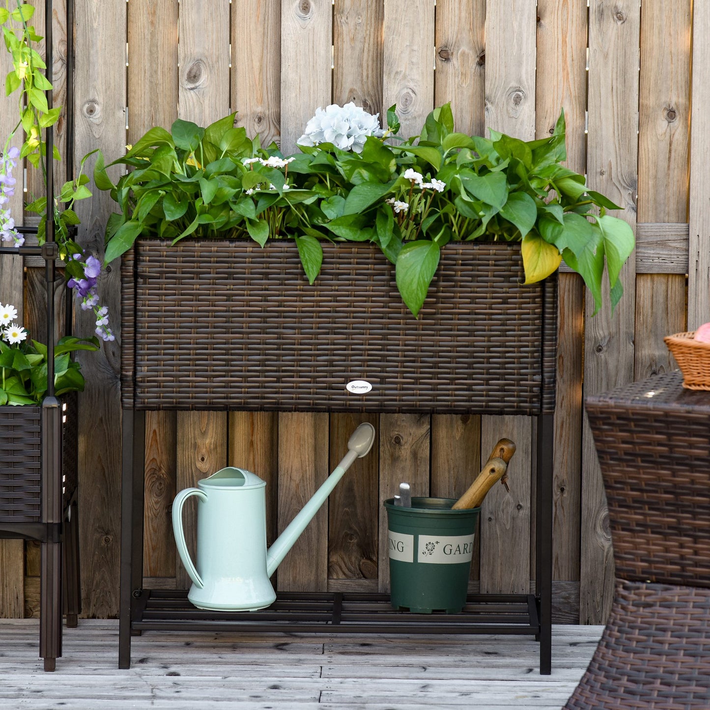 28" Elevated Rattan Planter Box with Storage for Indoor & Outdoor Use