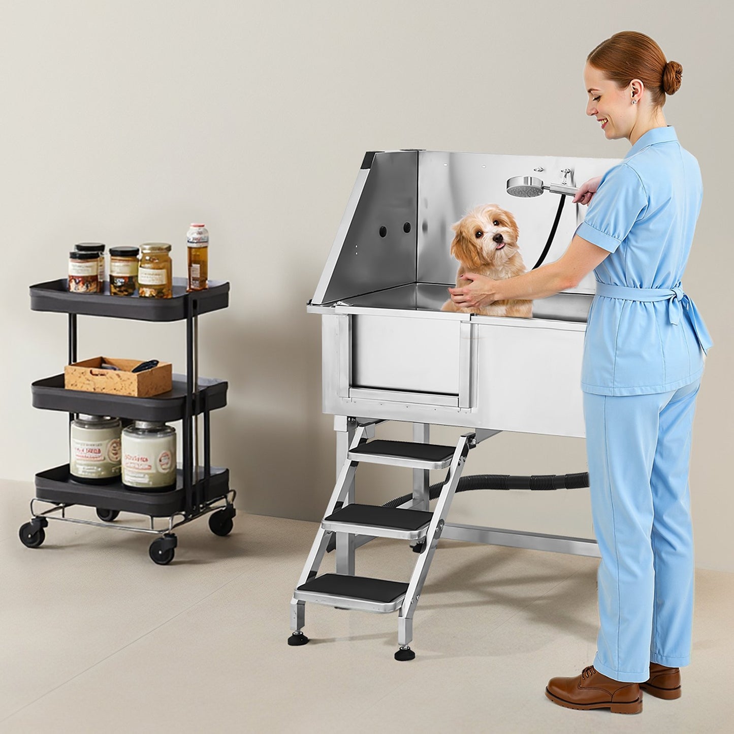 38-Inch Stainless Steel Dog Grooming Tub with Stairs and Faucet