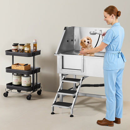 38-Inch Stainless Steel Dog Grooming Tub with Stairs and Faucet