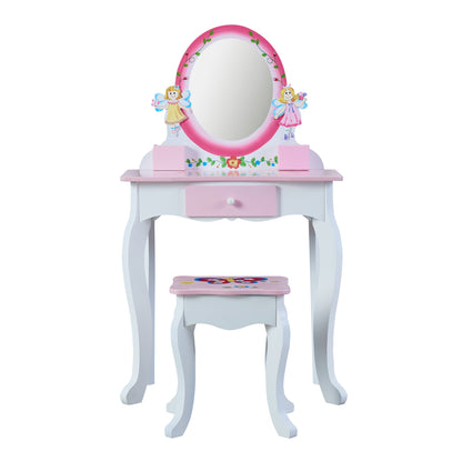 Pink Wooden Kids Vanity Table with Mirror and Stool