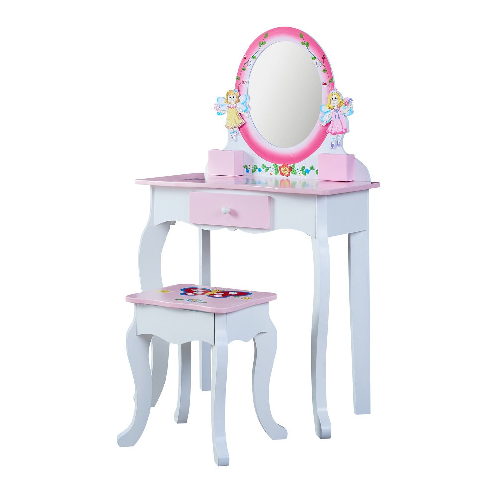 Pink Wooden Kids Vanity Table with Mirror and Stool