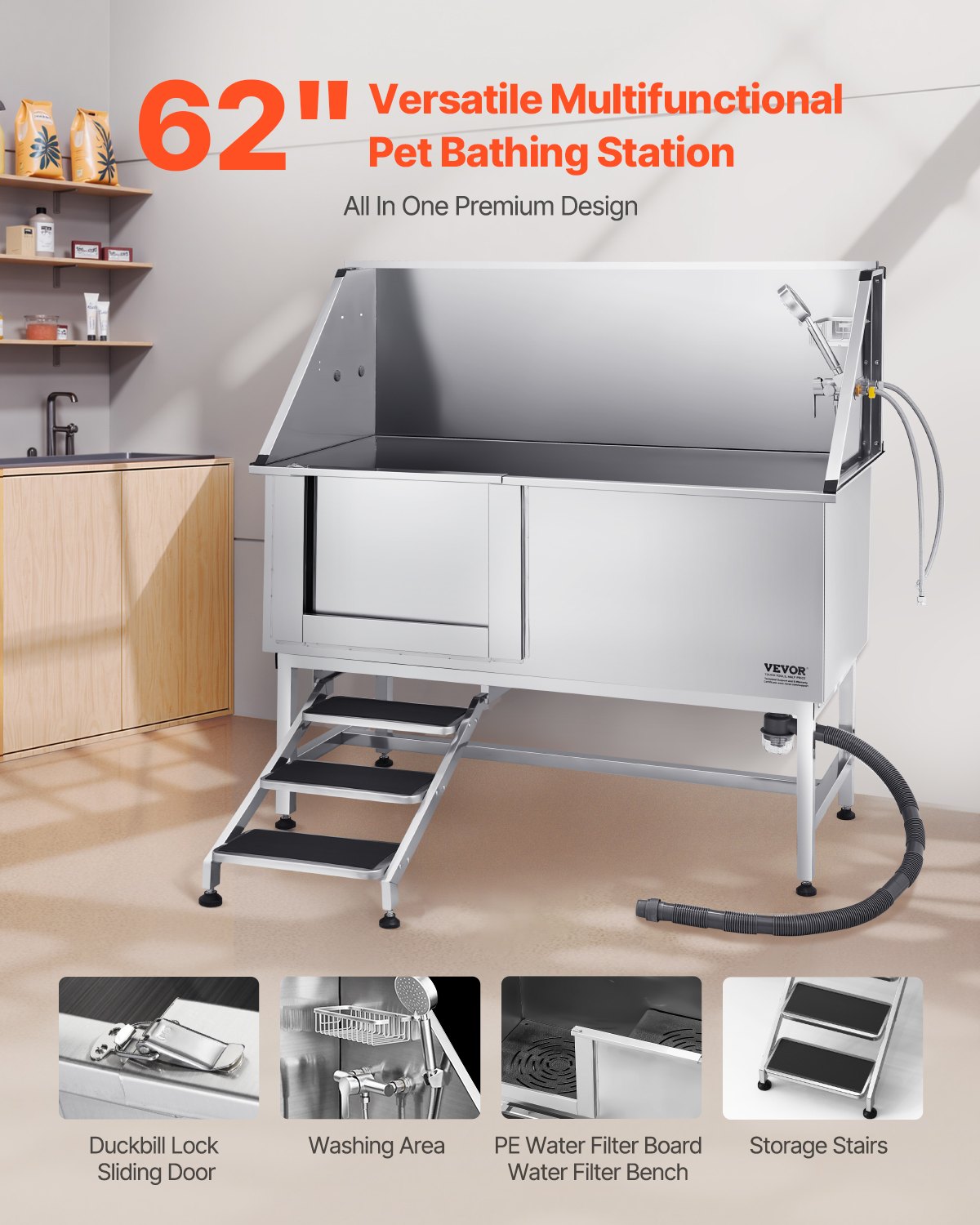 62 Inch Stainless Steel Dog Grooming Tub with Stairs and Water Filter - Left Drain