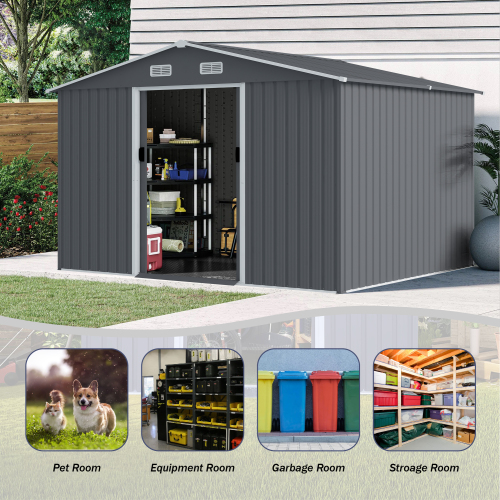 Grey 8x10 FT Outdoor Metal Storage Shed with Sliding Doors & Air Vent