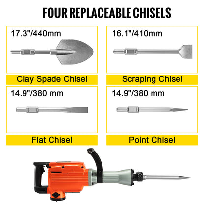 Heavy Duty Electric Jack Hammer with Chisel Set and Gloves