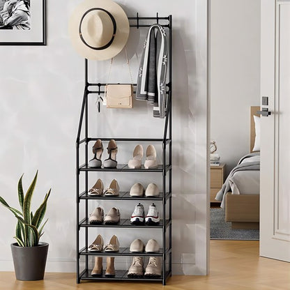 5-Tier Freestanding Entryway Shoe and Coat Rack with Hooks