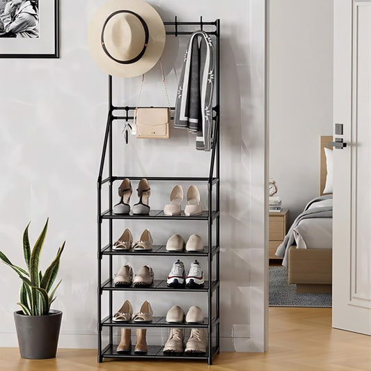 5-Tier Freestanding Entryway Shoe and Coat Rack with Hooks
