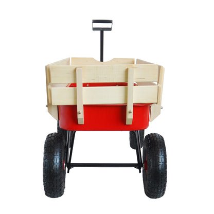 Red Steel Garden Utility Wagon with Wooden Side Panels and Pneumatic Tires