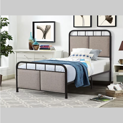 Beige Linen Upholstered Double Platform Bed Frame with Headboard