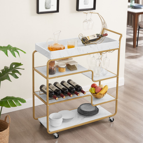 Gold Rolling Bar Cart with Wine Rack and Glass Holder