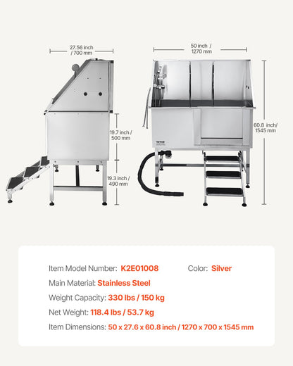 Stainless Steel Dog Grooming Tub with Steps and Water Filter - 50 Inch