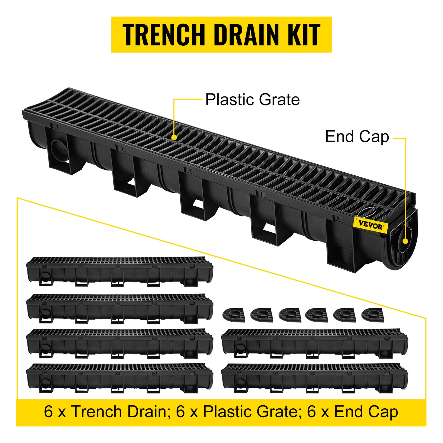 Heavy-Duty Trench Drain System with Plastic Grate – 6-Pack