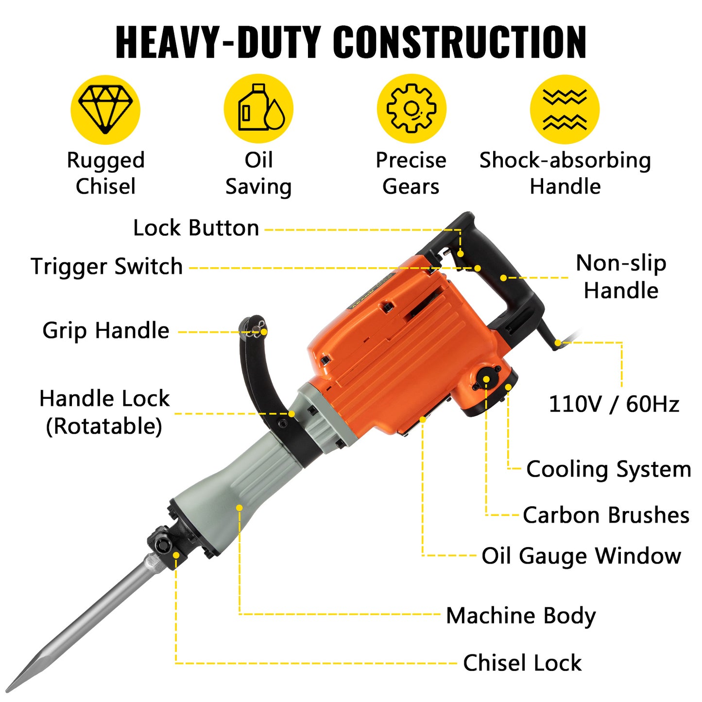 Heavy Duty Electric Jack Hammer with Chisel Set and Gloves