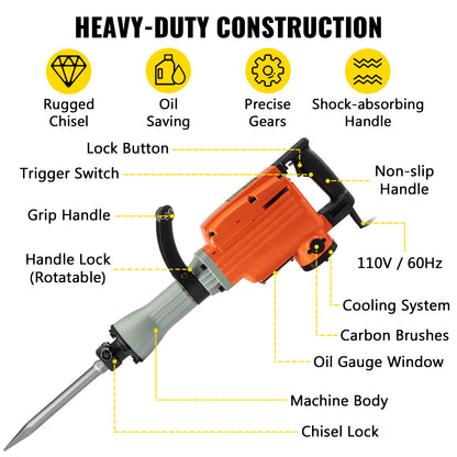 Heavy Duty Electric Jack Hammer with Chisel Set and Gloves