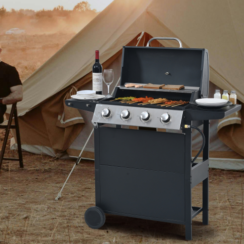 Stainless Steel 4-Burner Propane Gas Grill with Wheels and Shelves